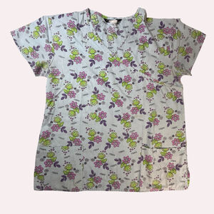 Cassandra O Light Blue Frog Print Short Sleeve Scrub Top Size Small